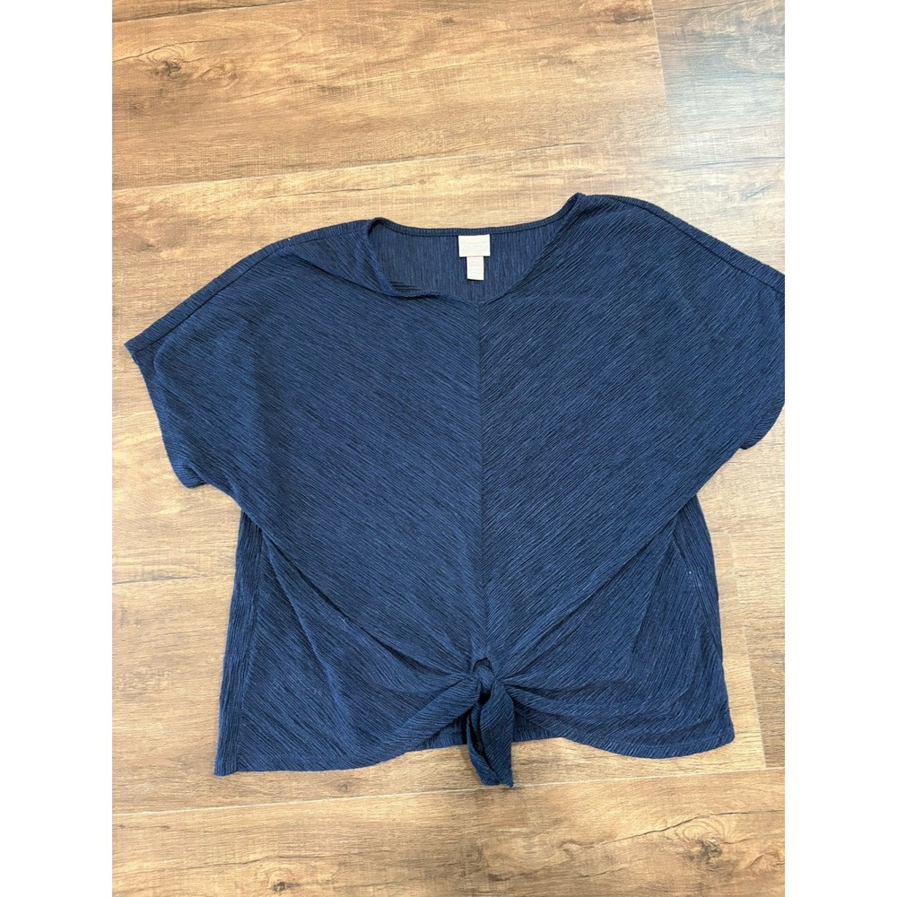 Chicos Size Large Boxy Dolman Short Sleeve Blue Top Front Tie Oversize Lagenlook